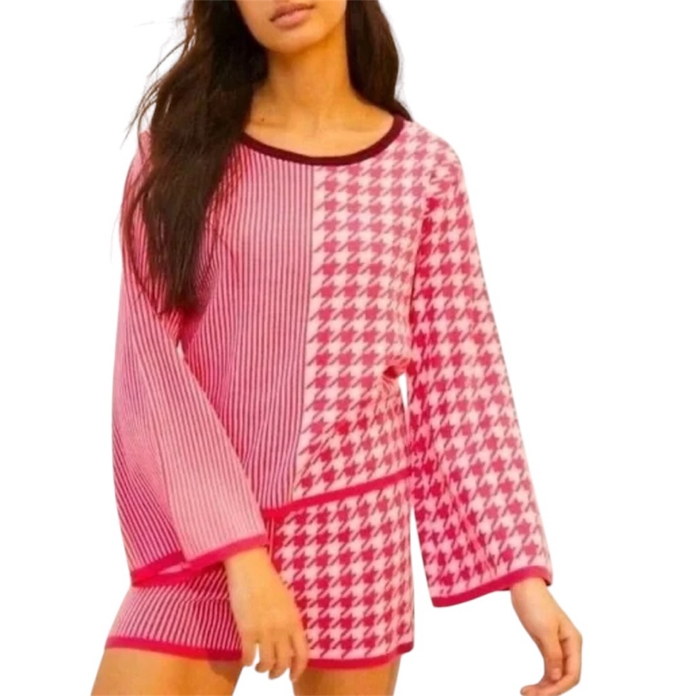 Dolan Pink White Long Sleeve Crew Neck Stripe Houndstooth Pullover Sweater Small